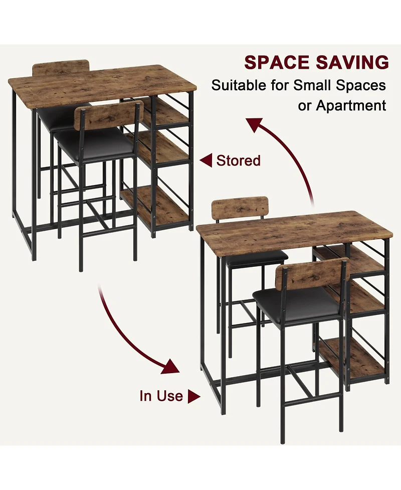 homfan Space Saving 3 Piece Dining Table Set Includes 2 Pu Cushion Chairs, 3 Storage Shelves, Compact Furniture for Kitchen or Breakfast Nook