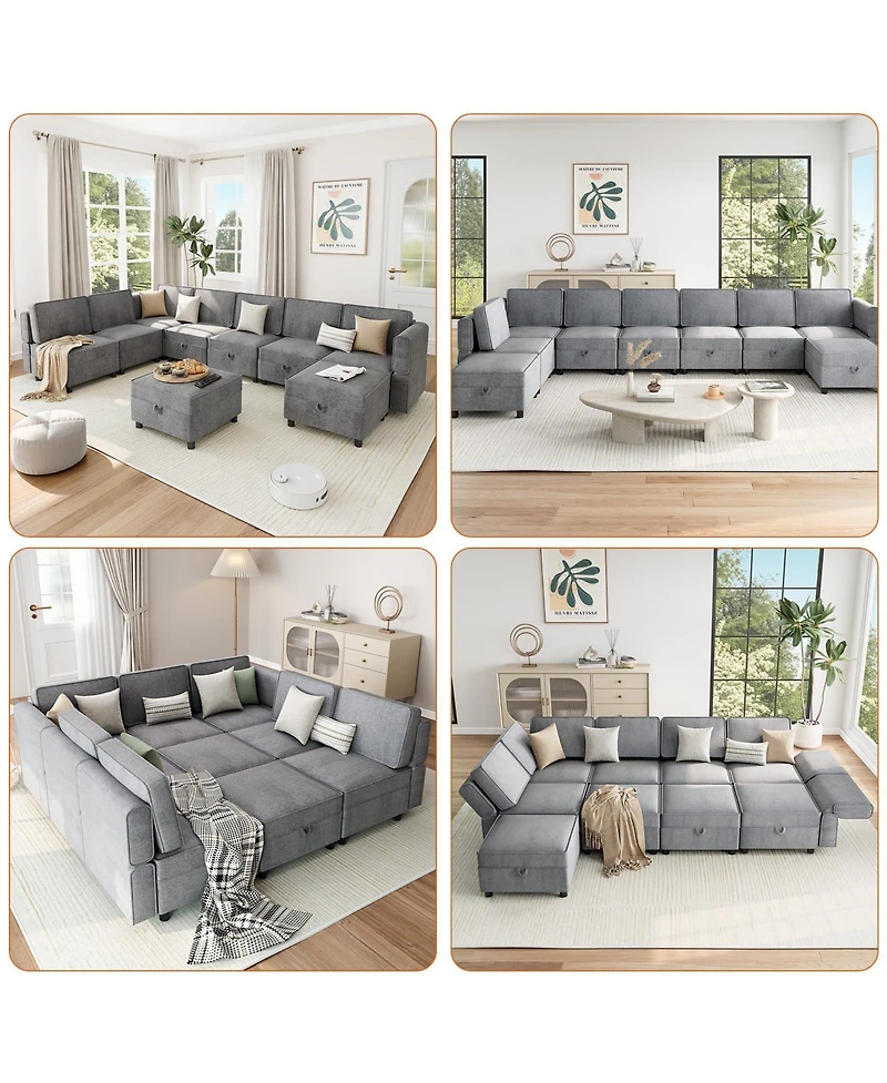 homfan 139.4 inches Chenille Reversible Sectional Sofa, 9-Seater Modular, Comfy Sleeper with Chaise, U-Shape Couch with Storage Seats and Ottomans