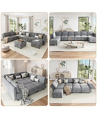homfan 139.4 inches Chenille Reversible Sectional Sofa, 9-Seater Modular, Comfy Sleeper with Chaise, U-Shape Couch with Storage Seats and Ottomans