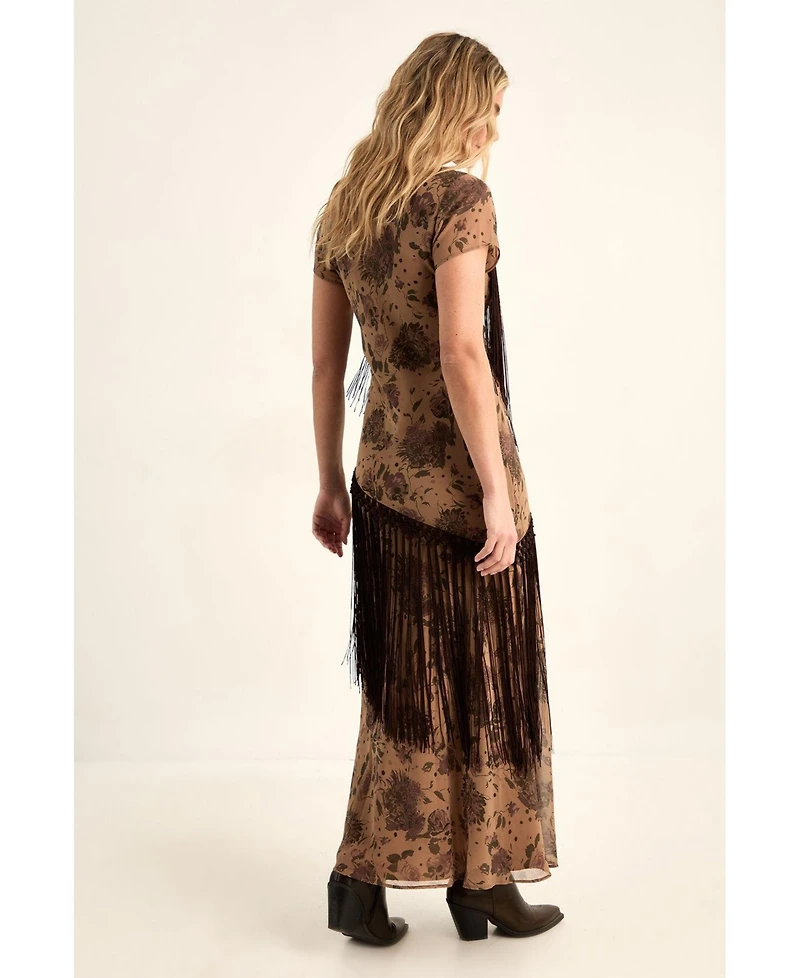 Nasty Gal Women's Floral Chiffon Fringe Maxi Dress