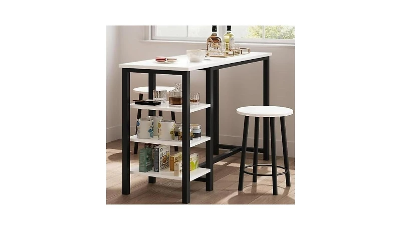 homfan 47 Inch Bar Height Dining Table Set with 2 Stools and 3 Storage Shelves Space Saving Office Table and Chair for Apartment, Kitchen, Bistro