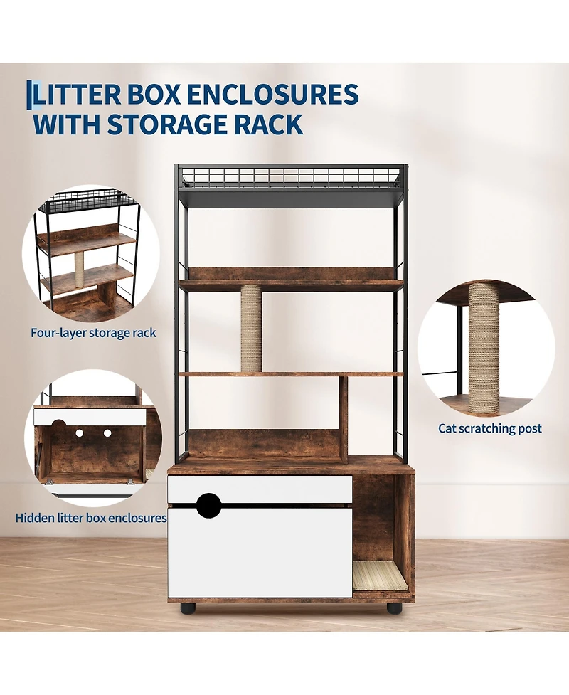 homfan Hidden Cat Litter Box Enclosure Furniture with 4-Tier Shelves and Scratching Post, 2-in-1 Large Wooden Cat Litter Box Cabinet
