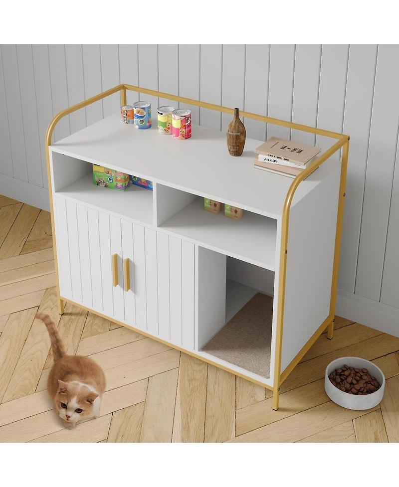 homfan 37.4'' Litter Box Enclosure Hidden Bathroom Cabinet with Side Entry Wooden House and Indoor Pet Crate Decorative End Table