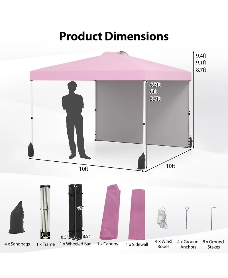 Sugift 10x 10 feet Pop Up Canopy Tent with One Sidewall and Wheeled Bag