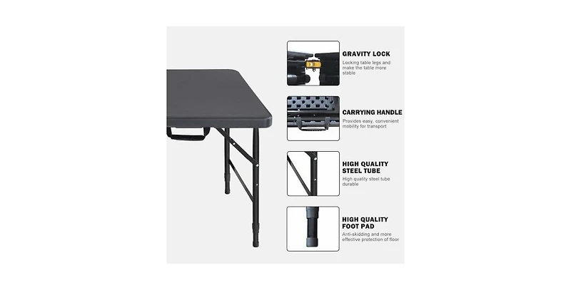 homfan 4FT Folding Table – Adjustable Height, Waterproof, Easy Clean, Portable Plastic with Handle, Fold-in-Half Design, Steel Frame, 300LBS Capacity