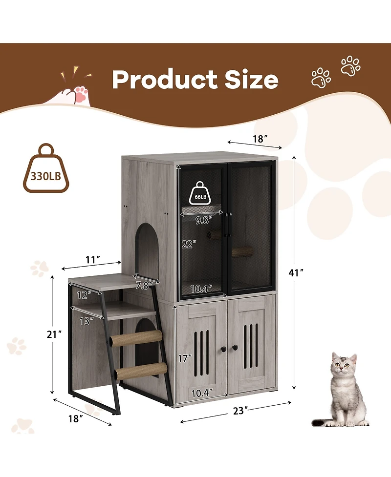 homfan Double Cat Litter Box Enclosure with Hammock, Sisal Scratching Post, Movable Ladder and Metal Mesh Door Hidden Washroom