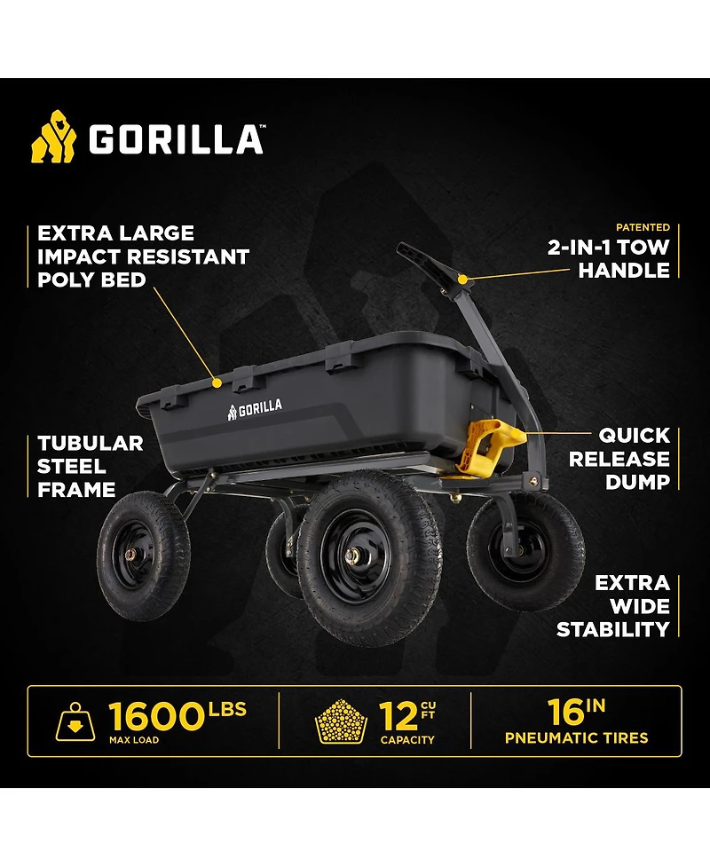 Gorilla Carts Heavy Duty 12 Cubic Foot Poly Yard Dump Garden Utility Cart, Black