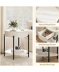 Round Farmhouse End Table with Drawer, Wood-Grain Top and Metal Legs, Vintage Nightstand,White
