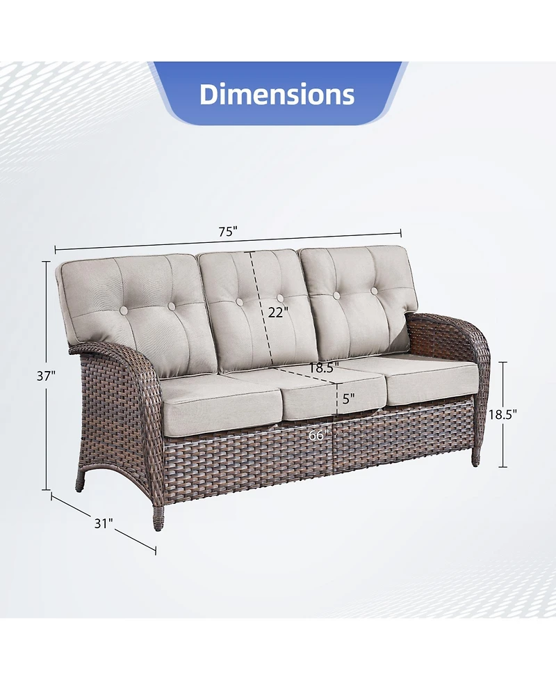 Pocassy Outdoor Wicker Rattan Patio Sofa With 5" Thick Cushions