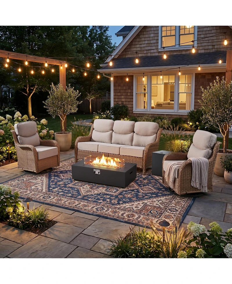Pocassy Patio Furniture Set with Fire Pit Table 43inch, 5-Piece Outdoor Furniture Conversation Set with 6-inch Cushions for Backyard, Garden, Deck