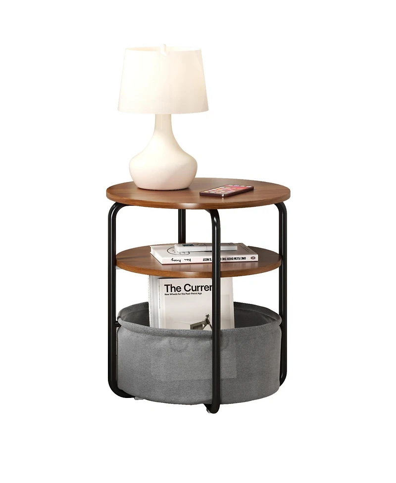 homfan 3-Tier Round Computer Desk , 23.6" Metal Frame ,Fabric Storage ,Bedside Table for Bedroom, Living Room, Office Space-Saving