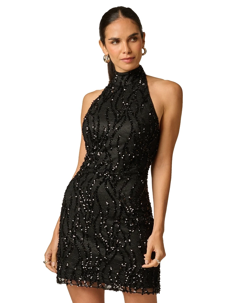 Adrianna Women's Haler Neck Lace Sequins Dress