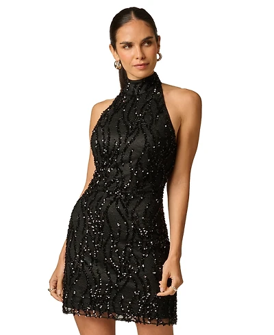 Adrianna Women's Haler Neck Lace Sequins Dress