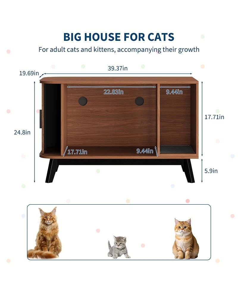 homfan Cat Litter Box End Table - 39" Hidden House Enclosure with Sliding Door, Mat, Multi-Functional Wooden Pet Cabinet for Living Room