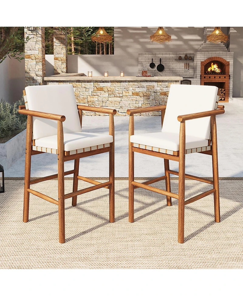 Streamdale Furniture Outdoor Acacia Wood Counter Height Bar Stools with Cushions, Set of 2