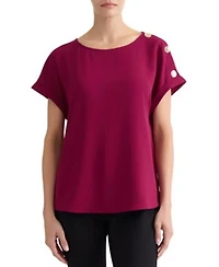 Jones New York Womens Shoulder Button Detail Boat Neck Short Sleeve Blouse