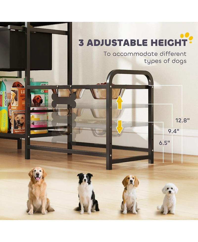 Ruie Height Adjustable Dog Bowl Stand with Two Feeding Stations and Toy Bin Basket