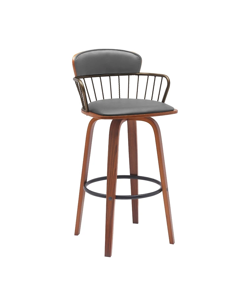 Clihome Leather Bar Stool with Brass Backrest, Modern Swivel Counter Height Chair, Wood Leg Kitchen Island Stool