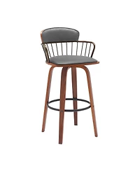 Clihome Leather Bar Stool with Brass Backrest, Modern Swivel Counter Height Chair, Wood Leg Kitchen Island Stool