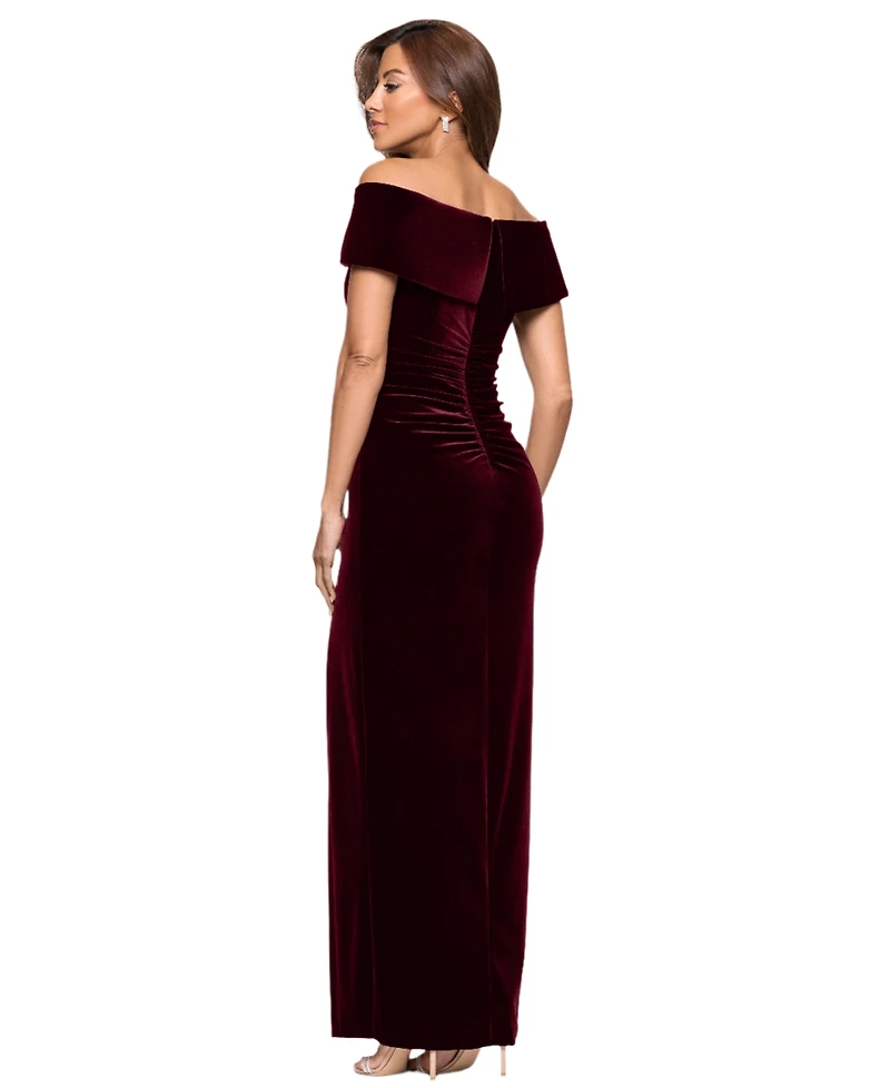 Xscape Women's Velvet Off-The-Shoulder Leg-Slit Gown