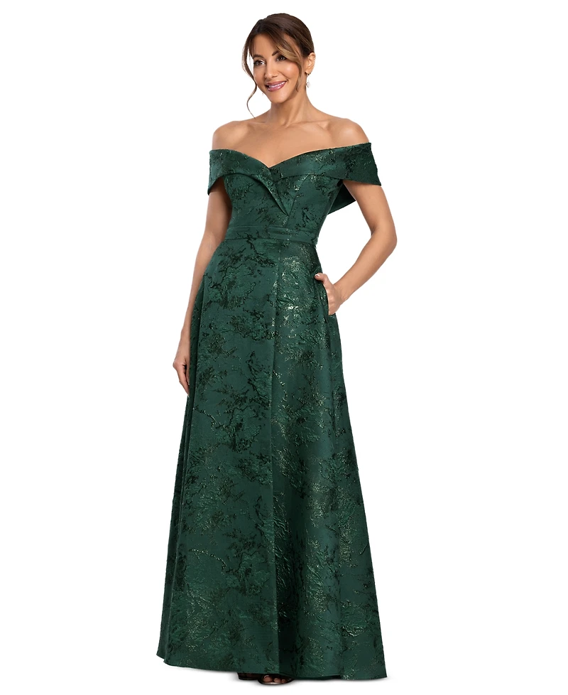Xscape Women's Printed Brocade Off-the-Shoulder Gown