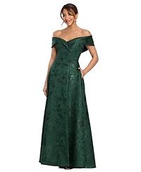 Xscape Women's Printed Brocade Off-the-Shoulder Gown