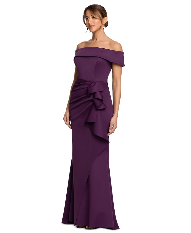 Xscape Women's Scuba Off-the-Shoulder Side Ruffle Gown