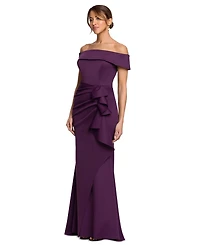 Xscape Women's Scuba Off-the-Shoulder Side Ruffle Gown