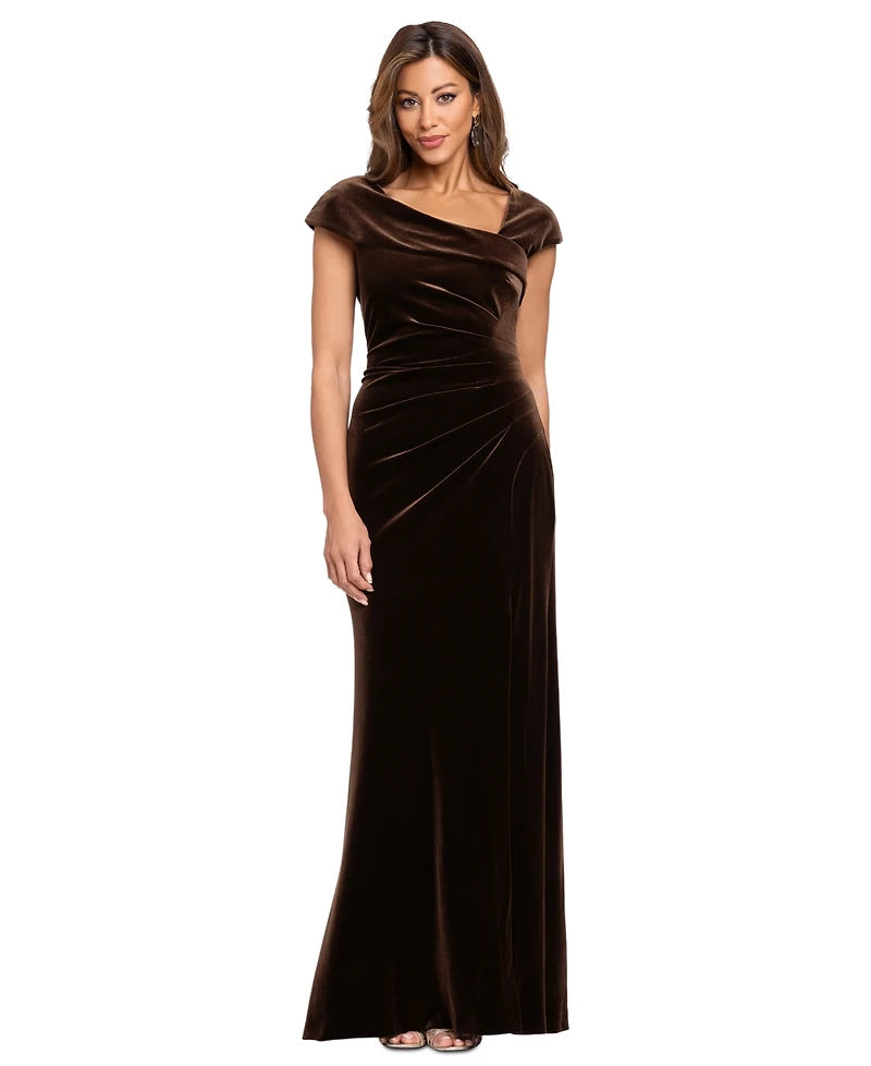 Xscape Women's Asymmetrical Neck Cap Sleeve Velvet Dress