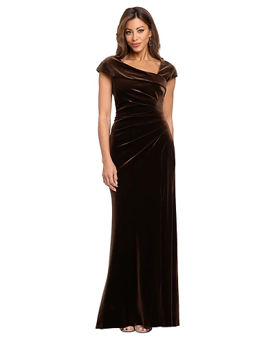 Xscape Women's Asymmetrical Neck Cap Sleeve Velvet Dress