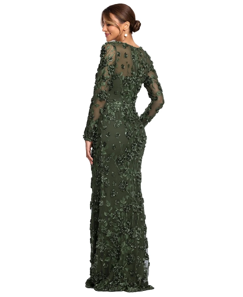Xscape Petite Raised Flower Crewneck Long Gown Dress