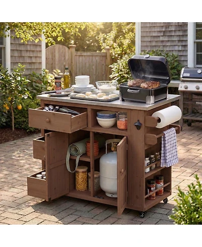 Streamdale Furniture Outdoor Extendable Wood Kitchen Island With Stainless Steel Top