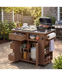 Streamdale Furniture Outdoor Extendable Wood Kitchen Island With Stainless Steel Top