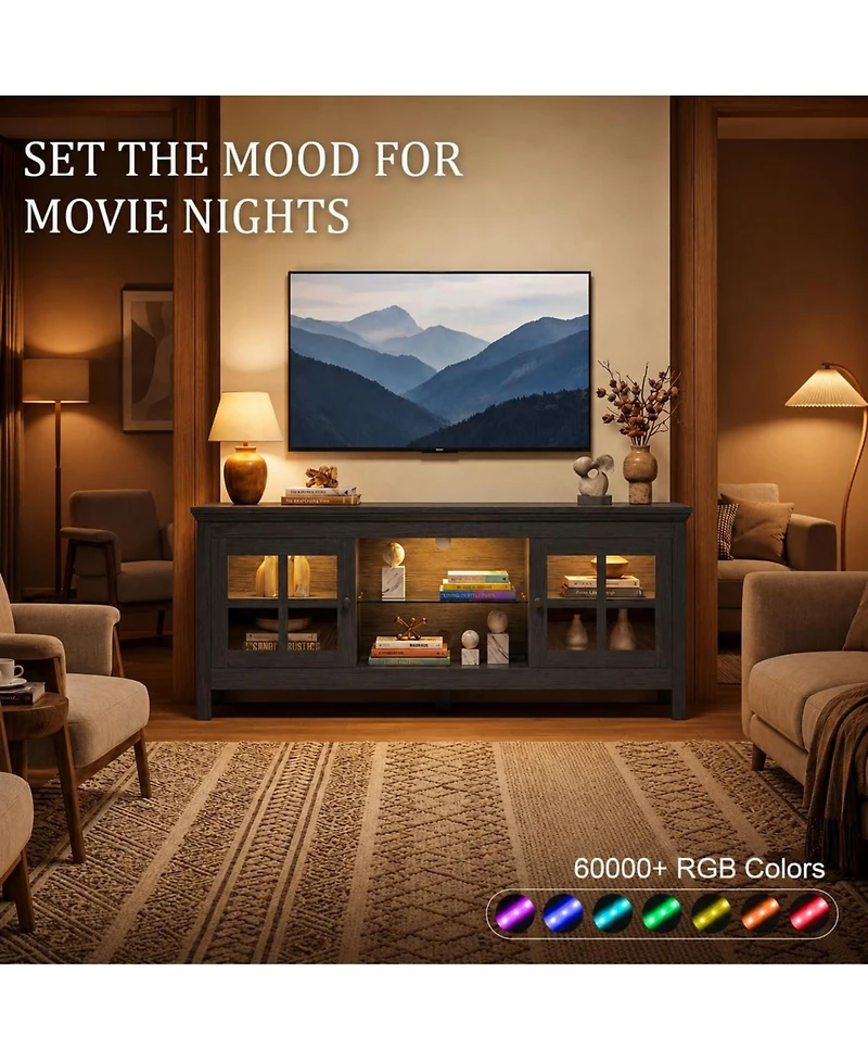 Aheaplus 55" Tv Stand with Charging Station and Led Lights, Glass Display Cabinet Shelves