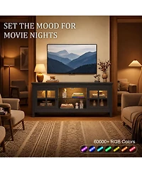 Aheaplus 55" Tv Stand with Charging Station and Led Lights, Glass Display Cabinet Shelves
