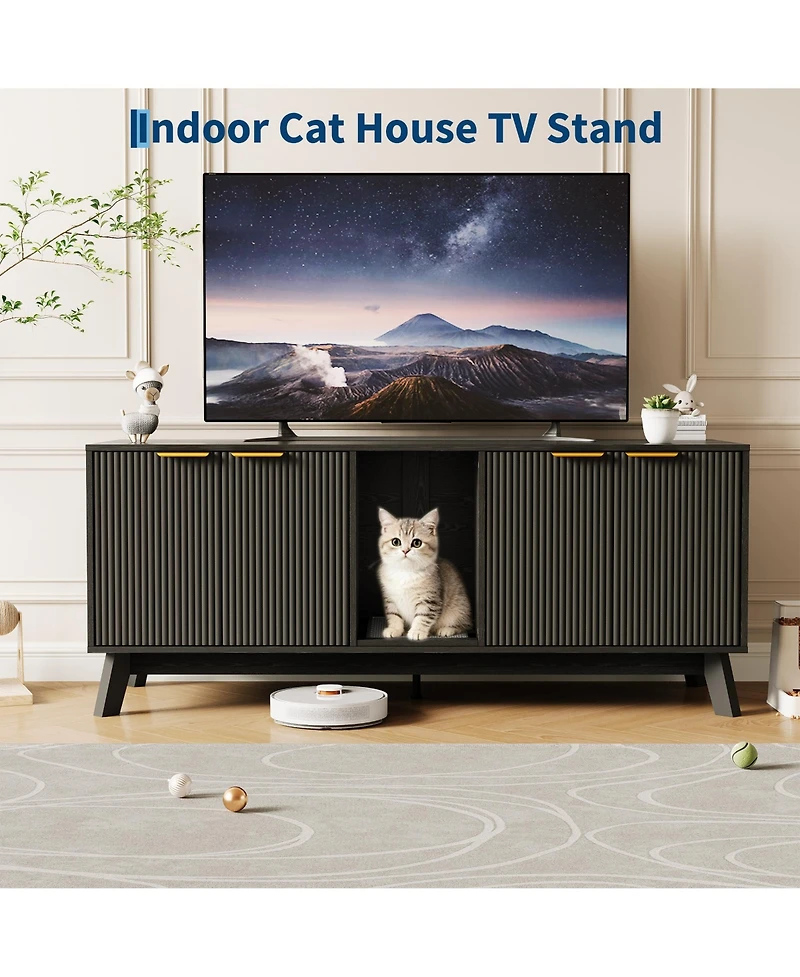 homfan Wooden Cat Litter Box Enclosure – 59" Dual-Room Hidden Furniture with Mat, Indoor Pet House, Tv Stand Side Table, for 2 Cats