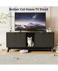 homfan Wooden Cat Litter Box Enclosure – 59" Dual-Room Hidden Furniture with Mat, Indoor Pet House, Tv Stand Side Table, for 2 Cats