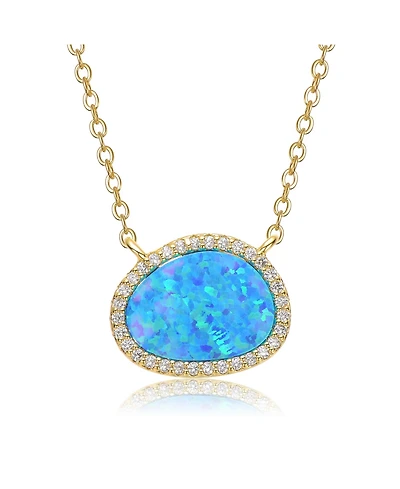 Rachel Glauber 14K Gold Plated Sparkling Oval Opal and Cz Halo Necklace