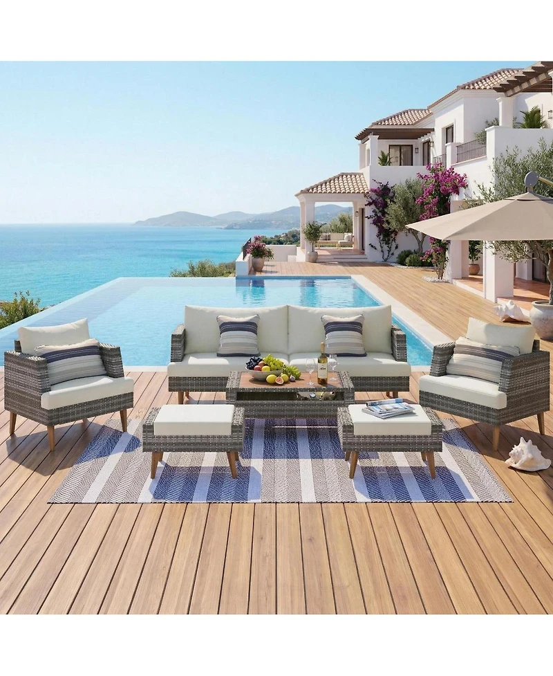 Streamdale Furniture 6-Piece All-Weather Pe Wicker Outdoor Sofa Set with Wood Table