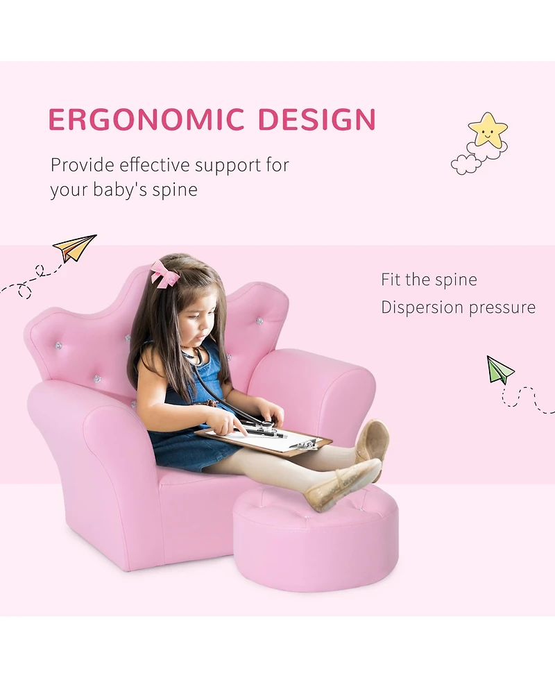Qaba Kids Sofa Set, Children's Upholstered Sofa with Footstool, Princess Sofa with Diamond Decorations, Baby Sofa Chair for Toddlers, Girls, Pink
