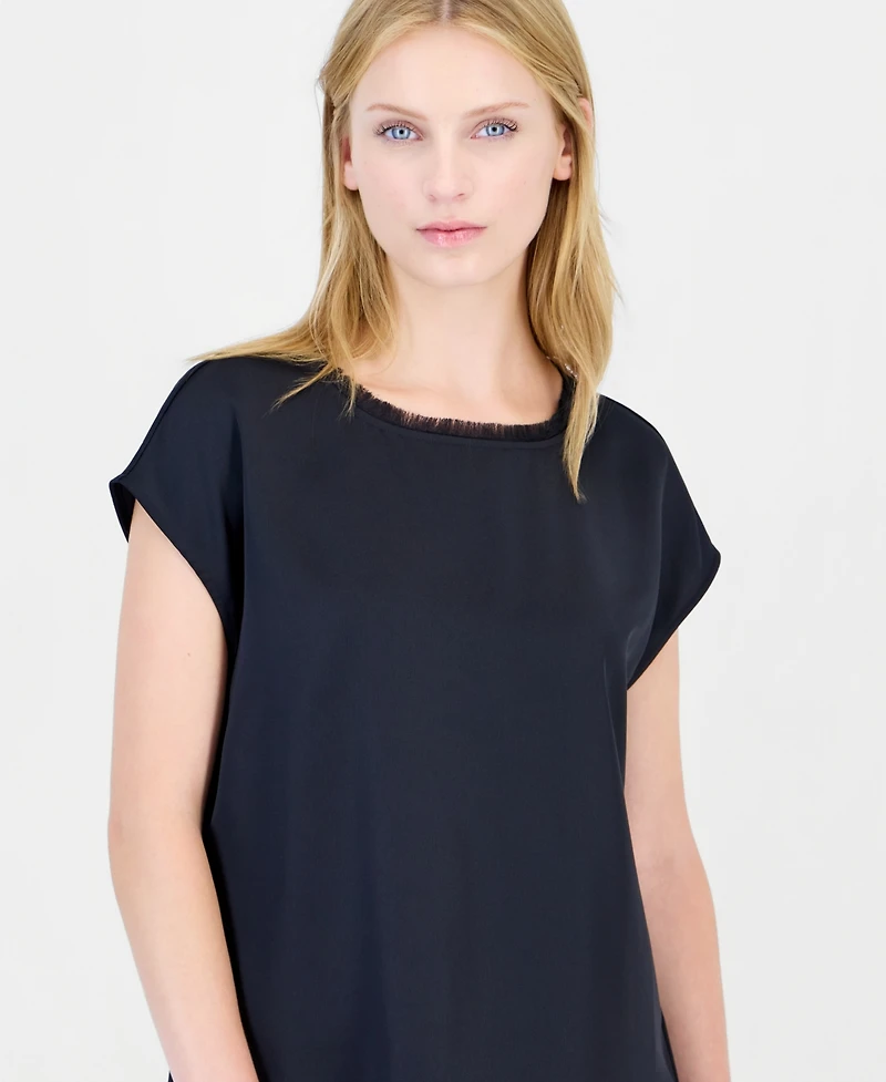 Tahari Asl Women's Sleeveless Fringe Boat Neck Satin Blouse
