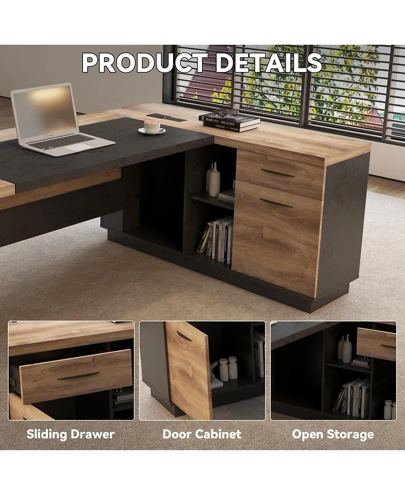 Logicfox Large Office Desk Modern Computer Set with Drawers and Storage Shelves