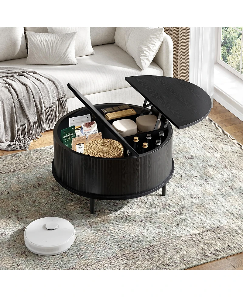 gaomon Round Lift-Top Storage Coffee Table with Vertical Striped Panel, Multi-Functional Hidden Center for Living Room