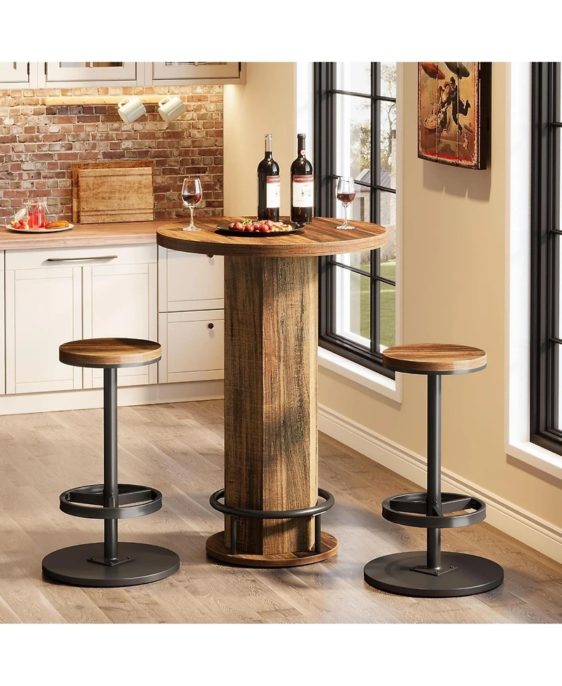 Yiortwo Round Bar Table Set with 2 Matching Bar Stools Rustic Wood and Metal Bistro Pub Furniture
