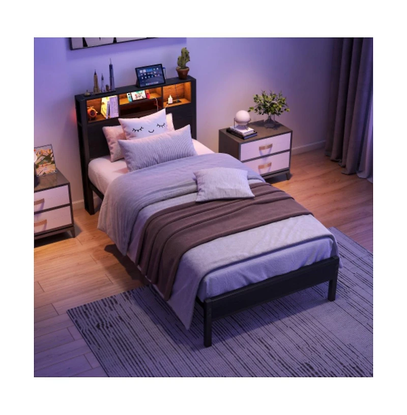 Lucky One Twin Size Bed Frame with Storage Headboard, Charging Station, Bookcase, Led Lights, Metal Platform, No Box Spring Needed