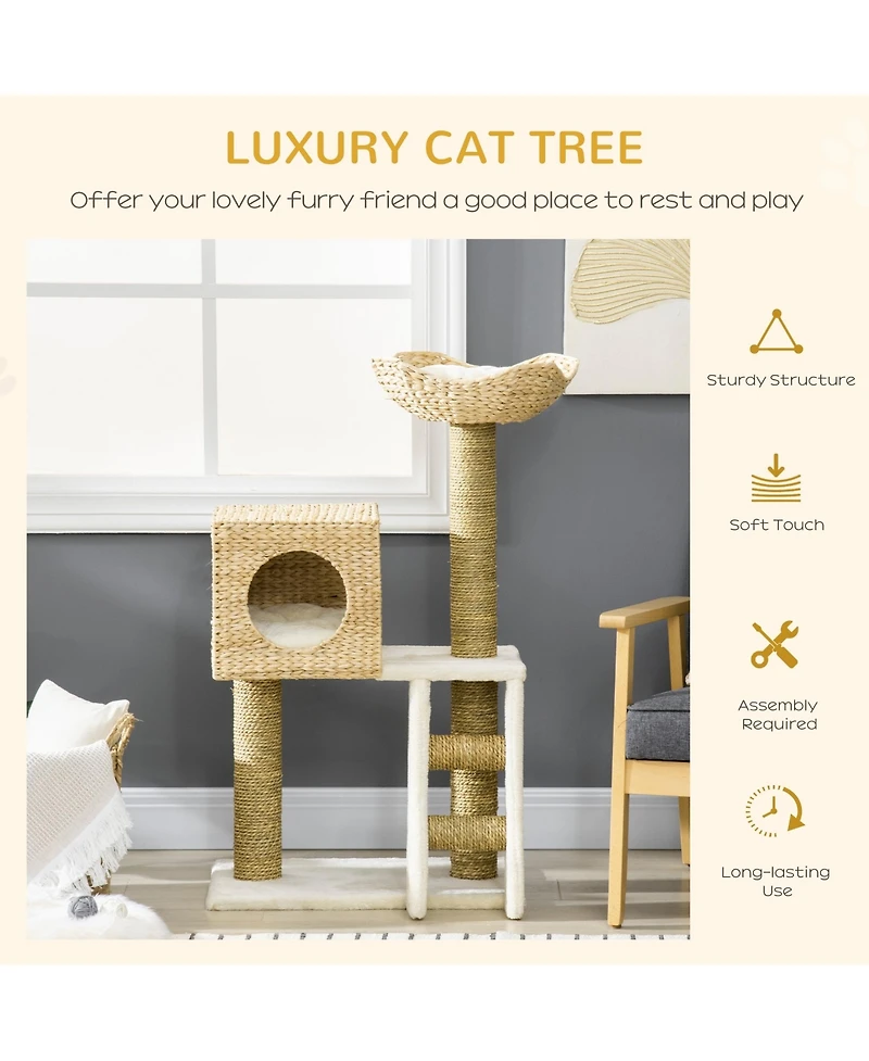 Ruie Woven Cat Tree Tower with Rattan Condo Wicker Bed and Ladder