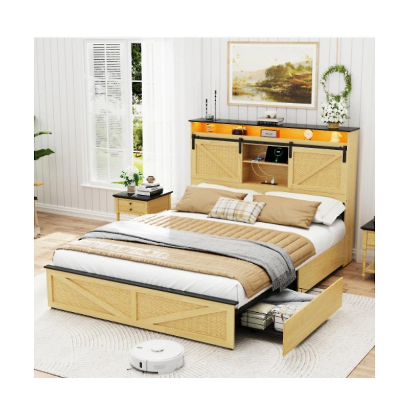 Lucky One Full Size Farmhouse Bed Frame with Storage Headboard, 2 Drawers, Usb Charging Station, Led Lights, Wooden Slats, No Box Spring Needed