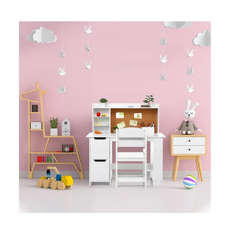 homfan Kids Study Desk and Chair Set with Bookshelf, Bulletin Board and Cabinets Wooden Vanity for Boys and Girls Ages 3-8 for Bedroom or Playroom