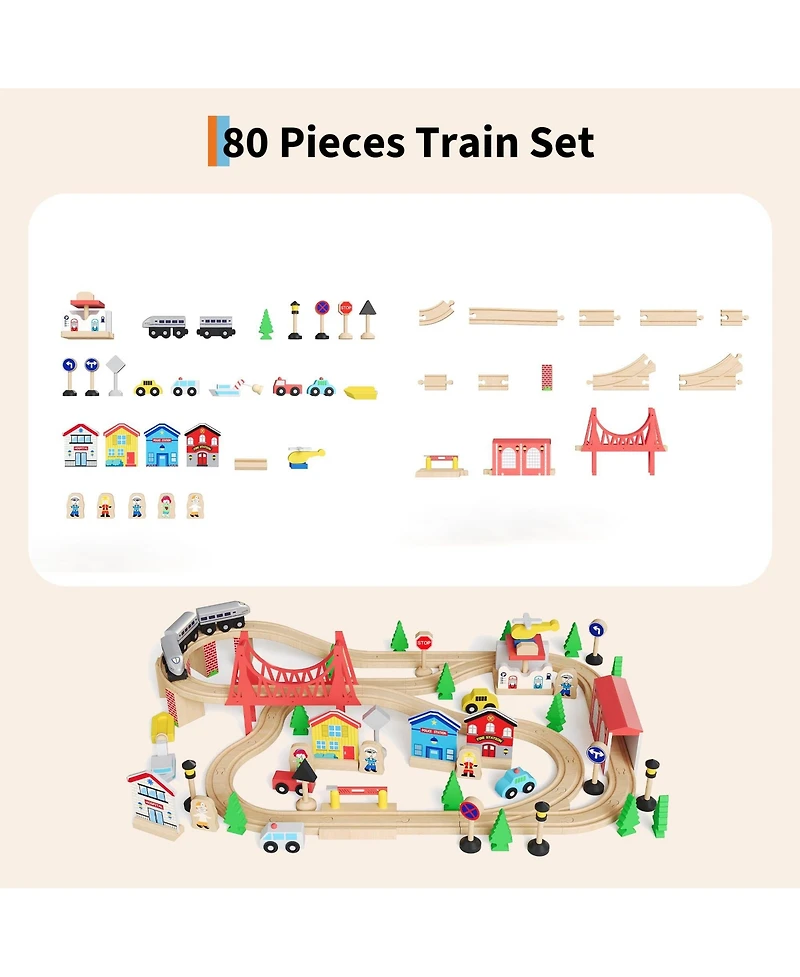 homfan Train and City 2 in 1 Reversible 80-Piece Wooden Activity Table, Ages 3+