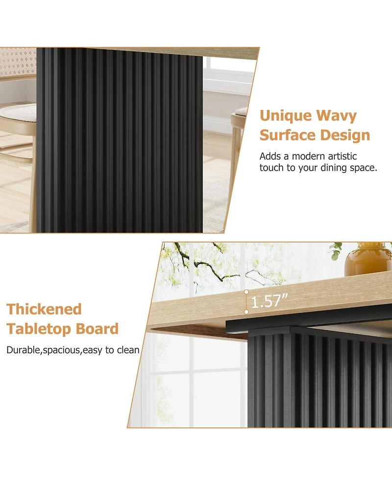 homfan 71-Inch Farmhouse Dining Table for 6-8, Wood Top with Black Fluted Wave Metal Legs